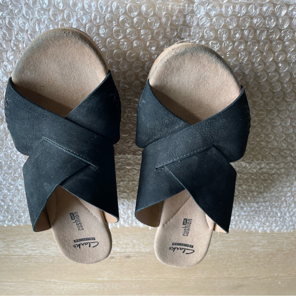 Clarks Black Mules with Crisscross Straps and Contoured Footbed